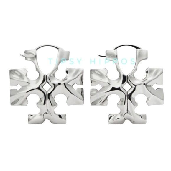 TORY BURCH SILVER ROXANNE HIDDEN LOGO HOOP EARRINGS - Picture 1 of 5